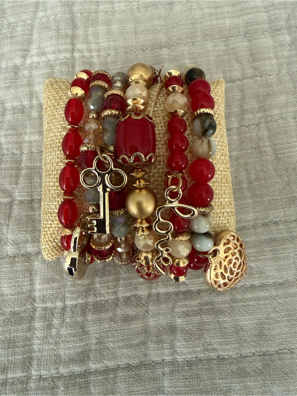 Red and Gold Beaded Charm Bracelet Stack - Set of 6